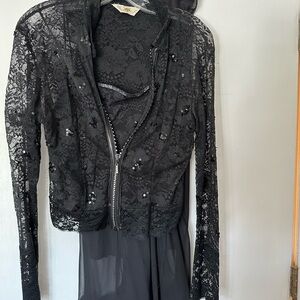 Black lace and sequined top and jacket with sheer lace skirt